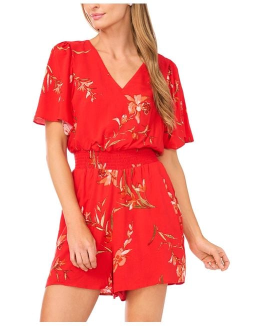 Cece Red V-neck Flutter-sleeve Romper