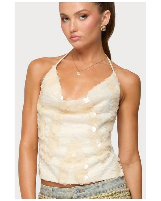 Edikted Natural Reid Backless Sequin Cowl Neck Top