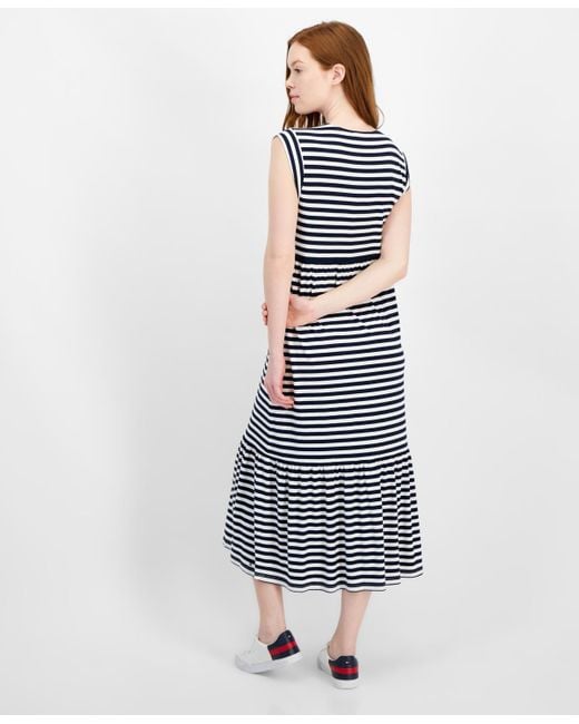 Tommy Hilfiger Blue Striped Tiered Sleeveless Midi Dress