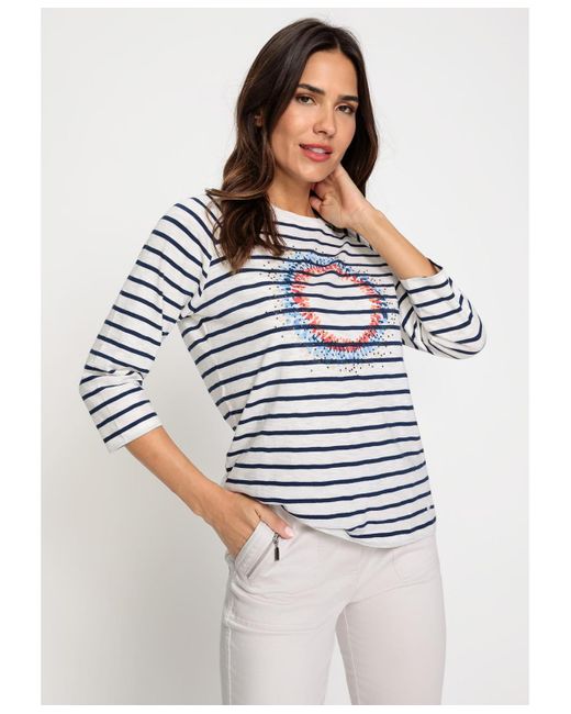 Olsen Blue 100% Cotton 3/4 Sleeve Striped And Embellished Placement Print T-shirt