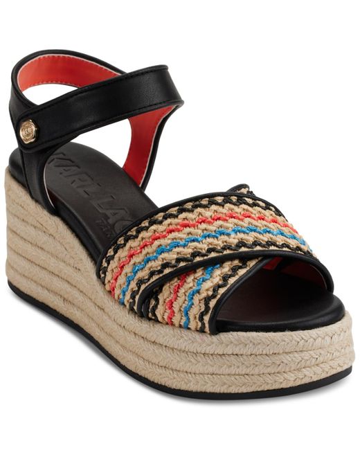 Karl Lagerfeld Black Celest Ankle-strap Espadrille Platform Wedge Sandals