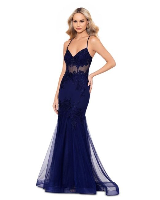 Blondie Nites Blue Embroidered Embellished Mermaid Dress
