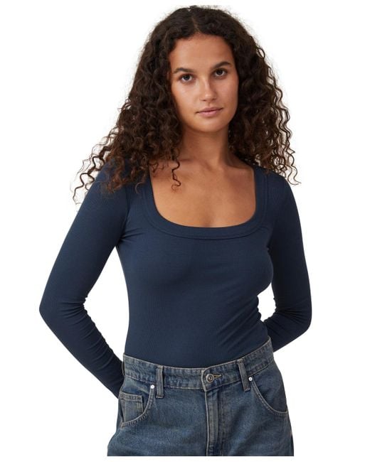 Cotton On Staple Rib Scoop Neck Long Sleeve Top in Blue