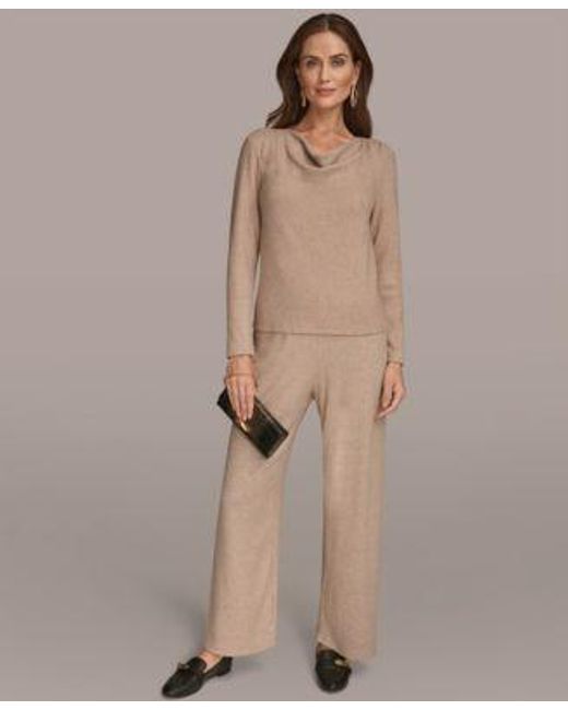 Donna Karan Brown Lurex Rib Cowl Neck Long Sleeve Top Wide Leg Pull On Pants