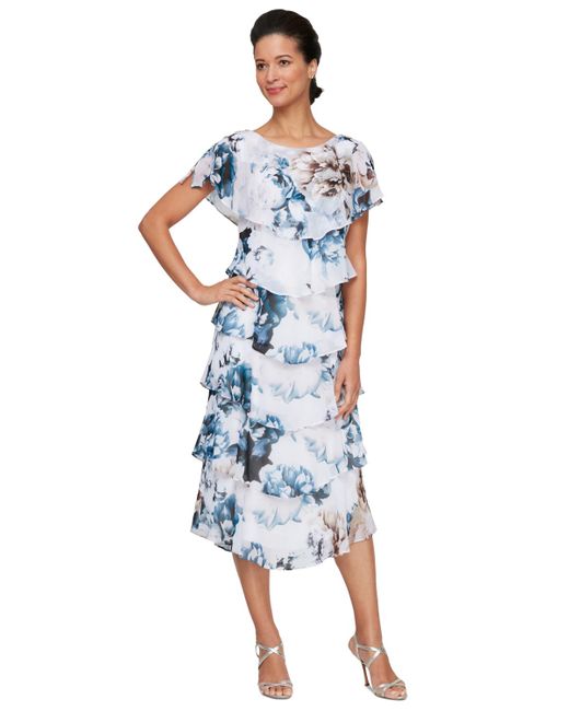Sl Fashions Blue Floral-print Tiered Midi Dress