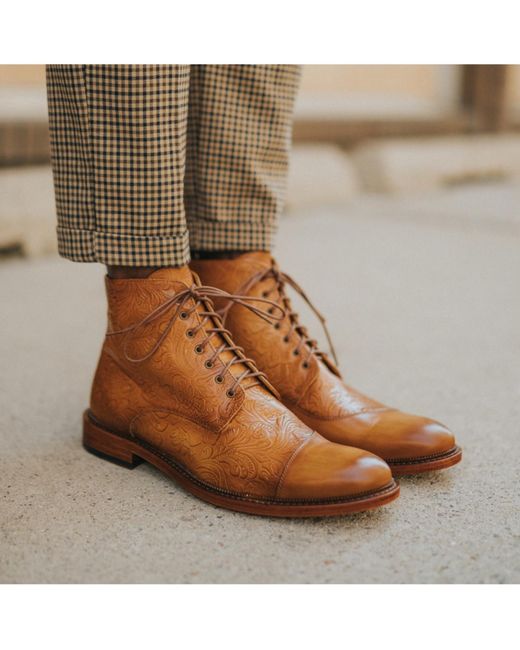 Taft Brown Paris Floral Embossed Leather Dress Boots for men