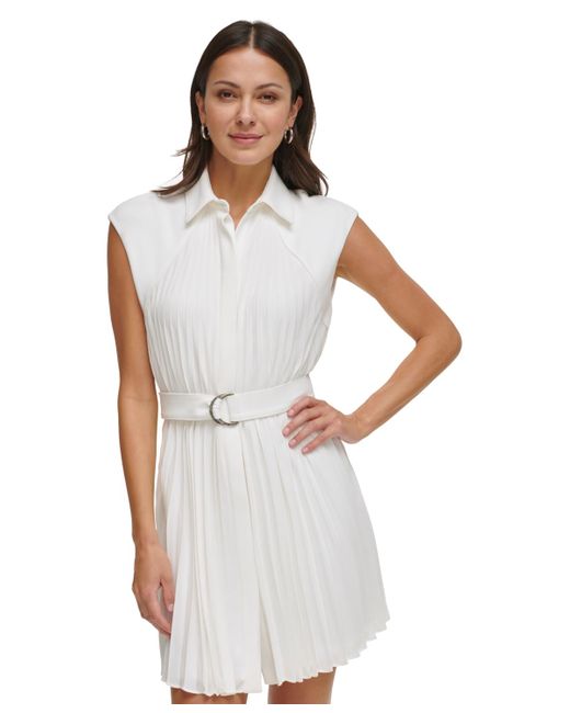 DKNY White Sleeveless Pleated Dress