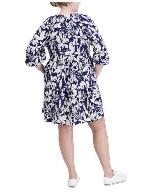 Jessica Howard Blue Plus Size Printed Button-front A-line Dress