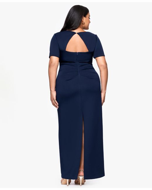 Betsy & Adam Blue Plus Size Long Tech Scuba Open Back Dress