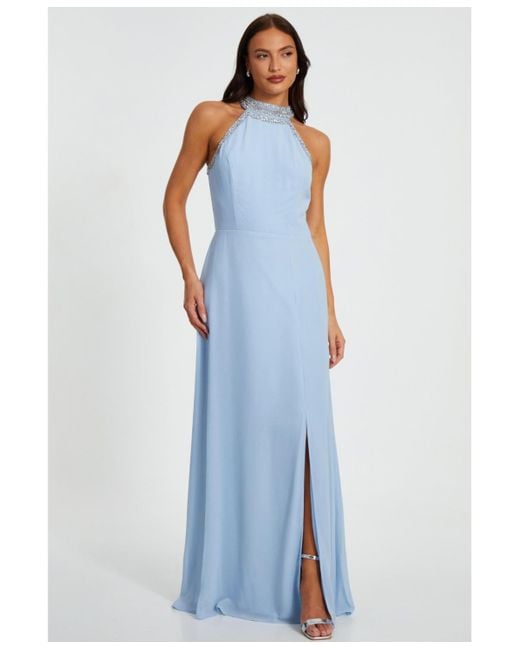 Quiz Women's Blue Embellished Halter Neck Chiffon Maxi Dress