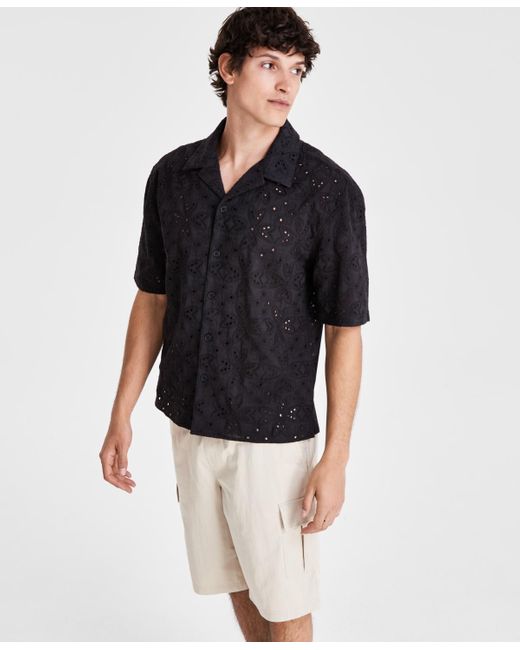 INC International Concepts Black Idris Floral Eyelet Short-sleeve Camp Shirt for men
