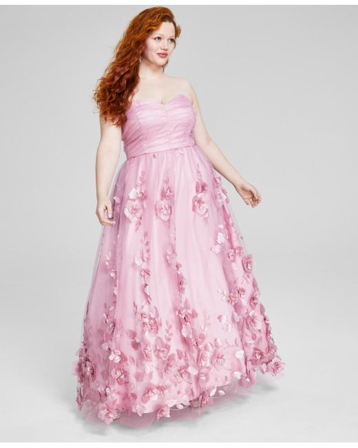 Bcx Pink Trendy Plus Size Sweetheart-neck Strapless 3d-floral Gown