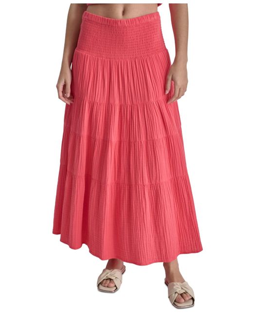 DKNY Pink Cotton Smocked-waist Tiered Maxi Skirt