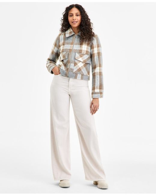 BCBGMAXAZRIA White Plaid Collared Zip-front Coat
