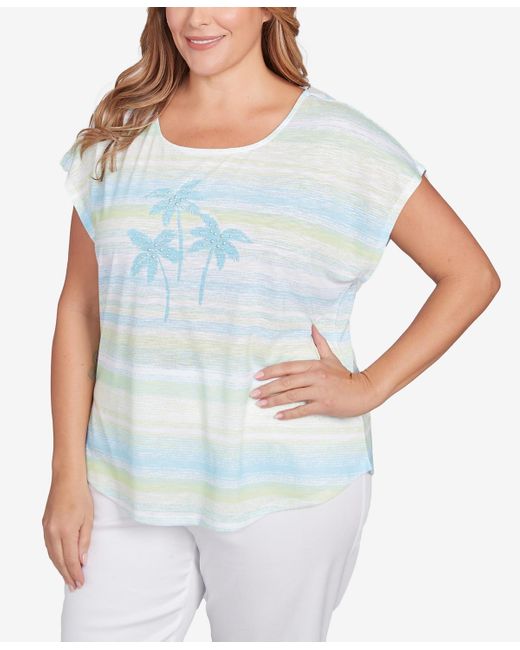 hearts of palm Blue Plus Size Tree Print Scoop Neck Top