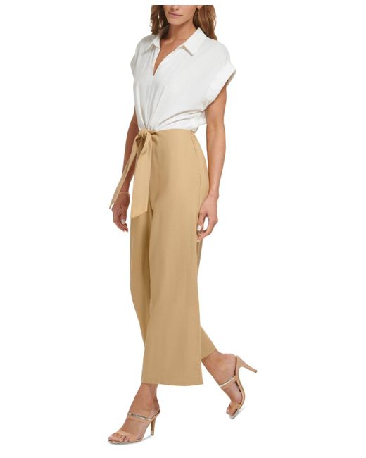 DKNY Natural Collared Tie-front Wide-leg Jumpsuit