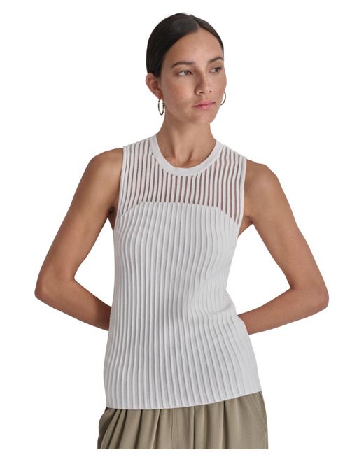 DKNY White Round-neck Sleeveless Rib-knit Sweater