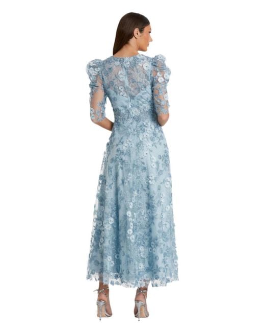 Mac Duggal Blue Applique High Neck Puff Sleeve A Line Dress