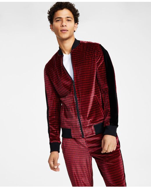 INC International Concepts Red Classic-fit Geo-print Full-zip Velour Tracksuit Jacket, Created For Macy's for men