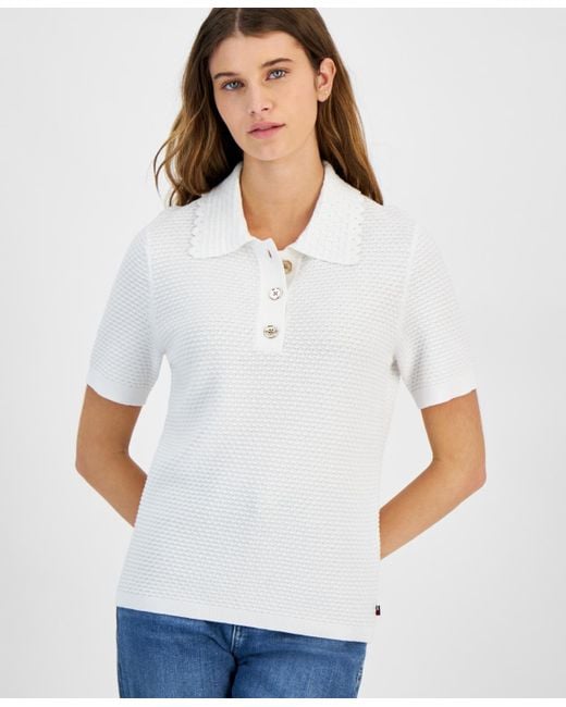 Tommy Hilfiger White Cotton Textured Polo Top