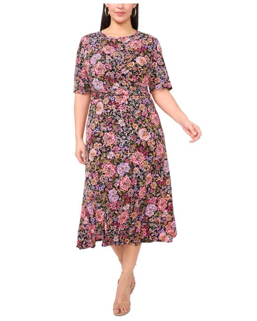 Msk Red Plus Size Printed Twist Elbow-sleeve Midi Dress