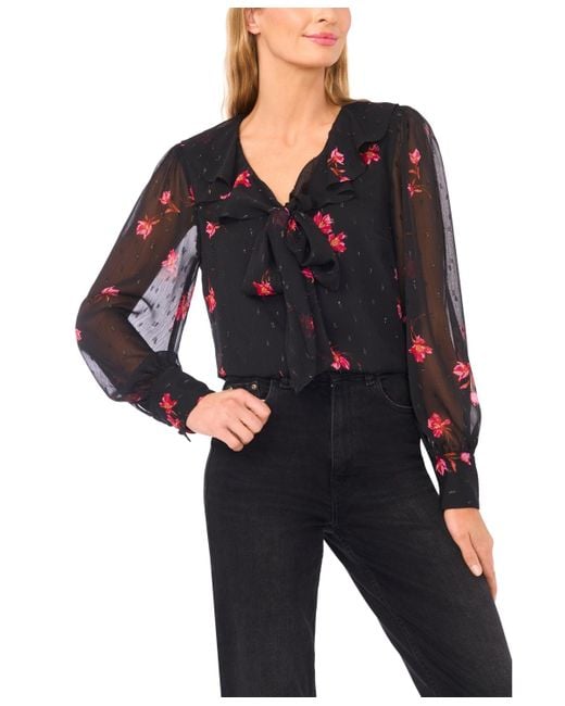Cece Black Ruffle Tie V-neck Top