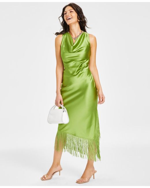 INC International Concepts Green Cowl Neck Fringe Hem Midi Dress Dalea Sandals Oxforde Clutch Jewelry Created For Macys