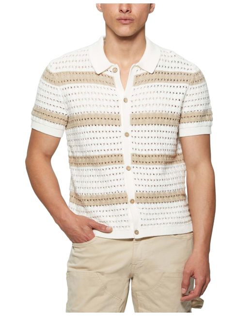 Guess White Joshua Relaxed Fit Short Sleeve Button-front Striped Sweater for men