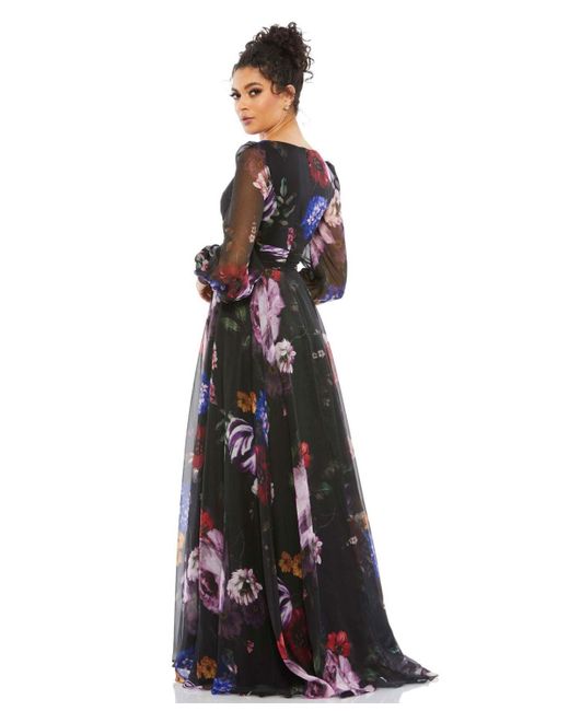 Mac Duggal Black Floral Print Chiffon Long Sleeve Maxi Dress