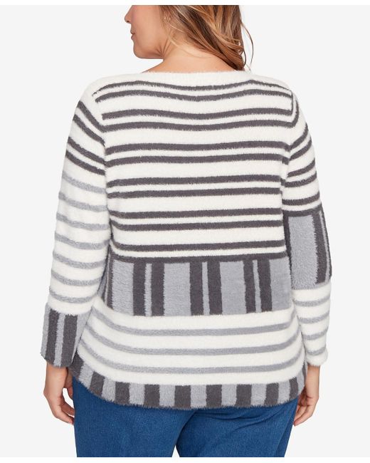 Ruby Rd Gray Plus Size Striped Feather Eyelash Sweater