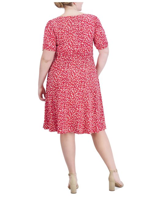 Jessica Howard Pink Plus Size Printed Ruched-sleeve Dress