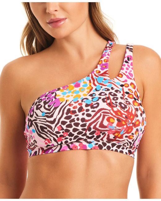 Jessica Simpson Red Multicolor-print One-shoulder Bikini Top