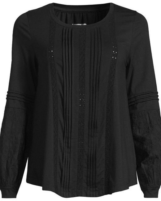 Lands' End Black Plus Size Lightweight Jersey Lace Mix Long Sleeve Pintuck Top