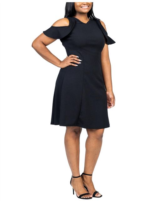 24seven Comfort Apparel Blue Plus Size Ruffle Cold Shoulder A Line Dress