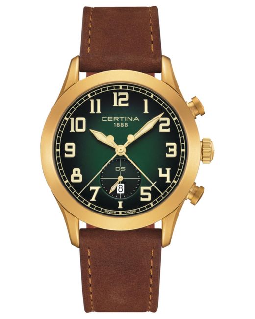 Certina Green Swiss Chronograph Ds Pilot Brown Strap Watch 43mm for men