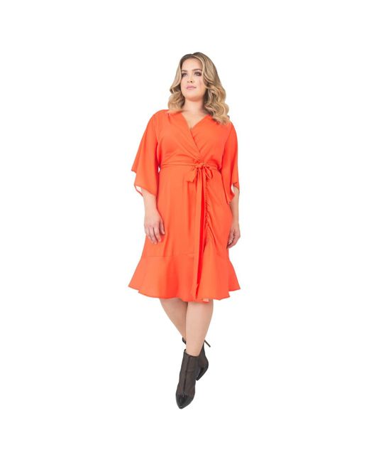 Standards & Practices Red Plus Size Wrap Dress Kimono Sleeve Ruffled Knee Length