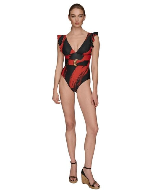 Donna Karan Red Belted Flutter-sleeve One-piece Swimsuit
