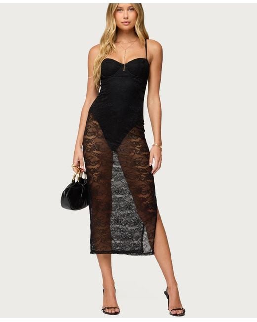 Edikted Black Sheer Lace Built In Bodysuit Midi Dress