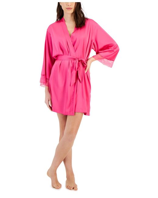 INC International Concepts Pink Lace-trim Stretch Satin Robe