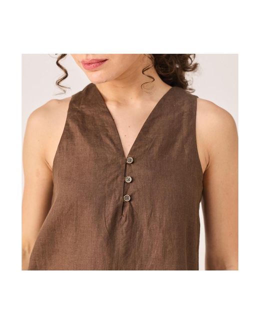 REISTOR Brown Button Neck Top