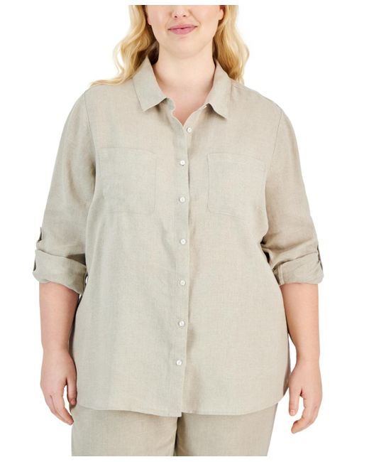 Charter Club Natural Plus Size 100% Linen Roll-tab Shirt