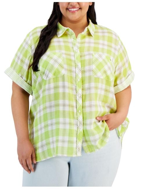 Tommy Hilfiger Green Plus Size Cotton Button-front Camp Shirt