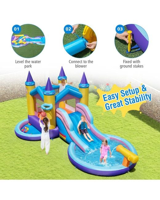 Gymax Blue Kids Inflatable Water Slide W/ Slide Splash Pool Water Cannon W/ 680w Blower