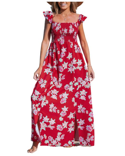 CUPSHE Red Floral Off-shoulder Flutter Sleeve Maxi Beach Dress