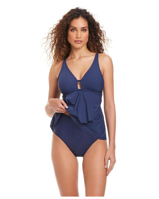 Beyond Control Blue Solid Front-cascade Tankini Top