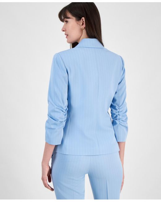 Tahari Blue Pinstripe One-button Scrunched-sleeve Jacket