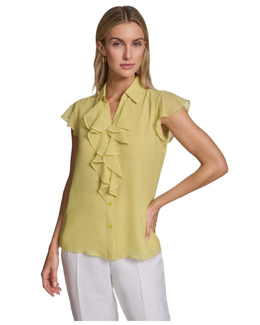 Calvin Klein Green Ruffle-front Collared Neck Top