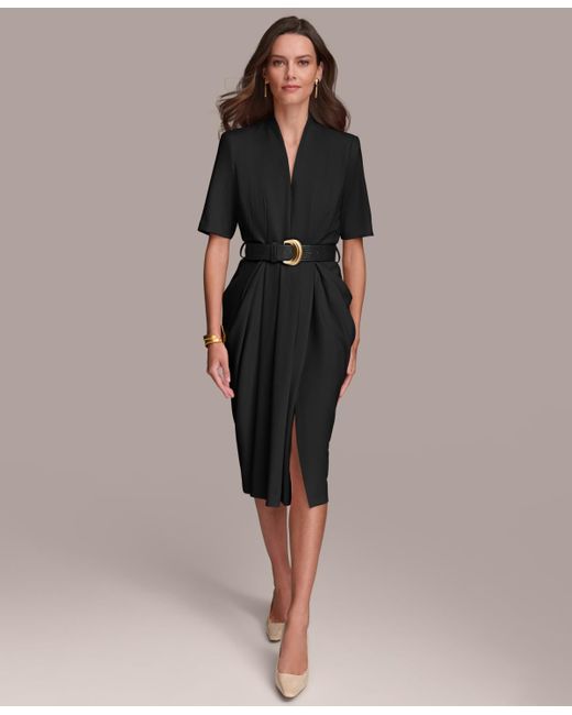 Donna Karan Brown V-neck Belted Short-sleeve Dress