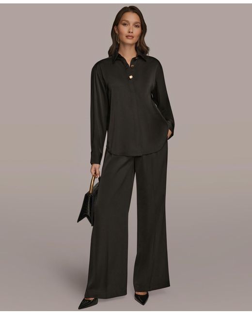 Donna Karan Gray Silk Collared Long Sleeve Button Down Top