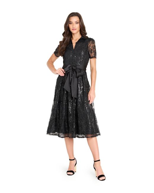 Tahari Collared V-neck Sequin Dress in Black | Lyst